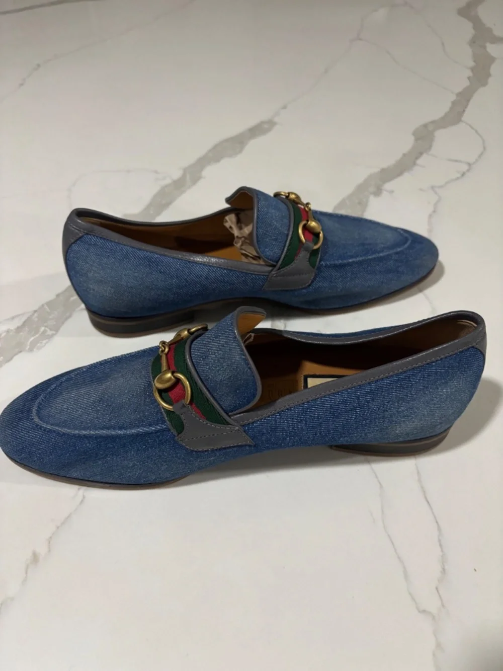 Gucci Blue Denim Horsebit Loafers with Green and Red Web